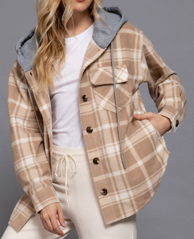 Plaid Drawstring Hoodie - Mocha