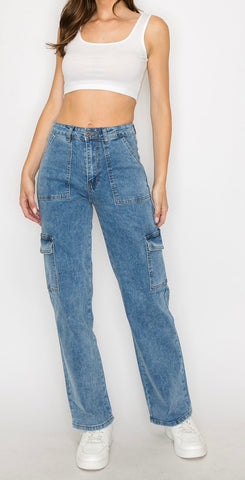 Kya Wide Leg Cargo Jeans -Blue