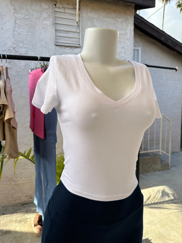 V Neck T Shirt Mid Length- White