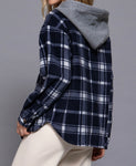 Plaid Drawstring Hoodie - Navy