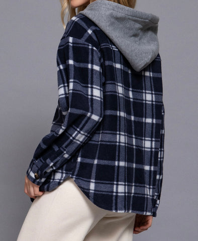 Plaid Drawstring Hoodie - Navy