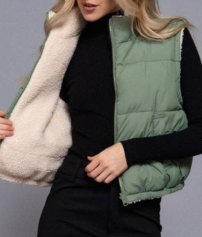 Reversible Fur Vest -Sage Green