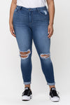 Plus Size High Rise Distress Rolled Cuff Capri Jeans